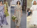 Modelle sfilano con abiti eleganti: uno lilla con stampa floreale, uno animalier con camicia annodata e pantaloni sotto, e uno bianco ricamato.