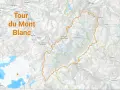 Carte du Tour du Mont Blanc, montrant les sentiers en orange et vert, traversant des villes comme Chamonix et Courmayeur.