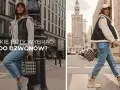 Kobieta w jeansach dzwonach i beżowych traperach, idealne buty do dzwonów. Stylizacja miejska.