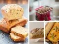 Vier Bilder zeigen verschiedene Brote, die in Kastenformen gebacken wurden. Ein Brot ist mit Körnern bestreut, ein anderes mit Kürbiskernen.
