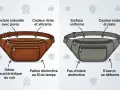 Comparaison de deux sacs banane : l'un en cuir naturel, l'autre en tissu synthétique. Le cuir offre une texture poreuse et une patine unique, tandis que le tissu est uniforme mais se déforme.