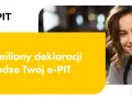 Uśmiechnięta kobieta obok napisu "Twój e-PIT". Dowiedz się, jak sprawdzić status zwrotu podatku.