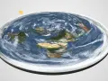 Płaska Ziemia z widocznymi kontynentami i chmurami, w tle mały Słońce i Księżyc. To niezwykłe ujęcie planety 3d.