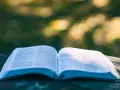Ein aufgeschlagenes Buch liegt auf einem Tisch im Freien. Die Seiten sind mit Text gefüllt, der an Psalm 28 erinnert.