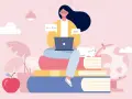 Ragazza studia online con laptop, circondata da libri, un gatto e un globo. Capire mooc cosa sono è facile con questo apprendimento digitale.