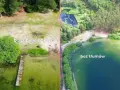 Dwa ujęcia Mazur: z lewej piaszczysta plaża i pomost, z prawej zielone jezioro, najczystsze jezioro na Mazurach, bez tłumów.
