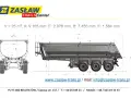 Rysunek techniczny naczepy ZASŁAW z wymiarami: V=25m³, A=9105mm, E=2978mm, B=7450mm, F=1584mm.
