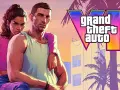 Pareja posando frente al logo de Grand Theft Auto VI, con palmeras y edificios de estilo Miami al atardecer.