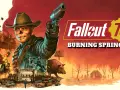 Un hombre con sombrero de vaquero apunta un arma. Escena de acción de Fallout 76: Burning Springs, con mutantes, un jabalí y un pueblo en llamas. ¡Excelentes consejos para sobrevivir!