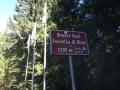 Cartello indicante "Forcella di Brez" a 1397 m, con bandiere e alberi sullo sfondo.