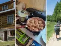 Drewniany dom, smażone kotlety i grupa turystów na szlaku. To wszystko tworzy obraz przytulnego schroniska turystycznego.