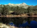 Reflejo perfecto de pinos y montañas en el lago, ideal para la barranca ruta circular.