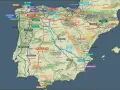 Mapa szlaków pielgrzymkowych do Santiago de Compostela. Widać szlaki: Francuski, Portugalski, Via de la Plata, Camino del Norte i inne.
