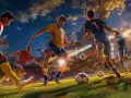 Intensiv five a side-match i en fullsatt arena. Spelare i röda och gula tröjor kämpar om bollen under en dramatisk solnedgång.