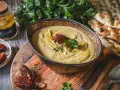 Cremiges Hummus mit Datteln und Curry, perfekt als Dips zum Grillen. Dazu Fladenbrot und frische Kräuter.