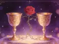 Dwa złote kielichy tarot, połączone pnączem z czerwoną różą, na tle gwieździstego, fioletowego nieba.