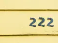 Na żółtej, drewnianej ścianie widnieje anielska liczba 222.