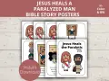 Ilustracje biblijne: Jezus uzdrawia paralityka, w tym Jezus i uzdrowiony mężczyzna.
