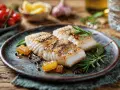 Tre succulenti filetti di merluzzo al forno, conditi con erbe aromatiche e pepe, su un piatto rustico.