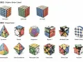 En samling pussel, inklusive en färgglad pyraminx, olika Rubiks kub-varianter och andra former.