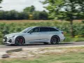 Srebrne Audi RS6 Avant pędzi po wiejskiej drodze, otoczone zielenią pól i drzew.