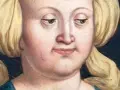 Portret Elżbiety Rakuszanki, która z dumą spogląda na swoich wnuków. Jej blond włosy są upięte w charakterystyczne koki.