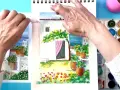 Manos pintando acuarelas fáciles de hacer: un patio con flores y una casa blanca.