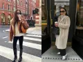 Deux femmes arborent une tenue d'hiver swag : l'une avec un blouson en cuir marron et un pull torsadé, l'autre avec un long manteau en fausse fourrure beige.