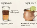 Dwa drinki: Jagerbomb z warstwami Jägermeistera i napoju energetycznego oraz Jäger Mule w miedzianym kubku z limonką.