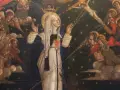 Saint Catherine of Siena, crowned and with a flaming heart, receives stigmata from Christ on the cross, surrounded by angels.