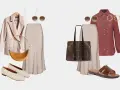 Dwie propozycje stylizacji z beżową spódnicą: elegancka z marynarką i torebką-bagietką, oraz casualowa z koszulą, shopperką i sandałami.