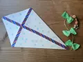 Ein selbstgebastelter Drachen mit Schneeflockenmuster und bunten Bändern. Perfekt für schnelle bastelideen einfach und schnell.