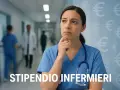 Un'infermiera pensierosa riflette sul suo stipendio, con simboli dell'euro sullo sfondo.