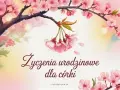 Kwiaty wiśni i delikatne światła tworzą tło dla wyjątkowych życzeń urodzinowych dla córki.