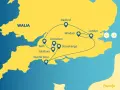 Mapa Wielkiej Brytanii z zaznaczonymi atrakcjami: Londyn, Windsor, Oksford, Bath, Salisbury, Stonehenge, Amesbury, Durdle Door.