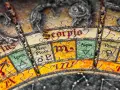 Fragment starożytnej mapy nieba z napisem "Scorpio" i symbolem kobiety skorpiona.