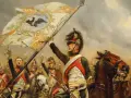 Un porte-étendard, au cœur des 10 batailles de Napoléon, brandit fièrement l'aigle impérial. Cavaliers et chevaux chargent.