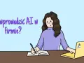 Kobieta pisze w zeszycie, obok laptop z naklejkami. Tekst pyta "Jak wprowadzić AI w firmie?". Nawet pryszcz w uchu nie przeszkadza w nauce.