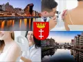 Gdański krajobraz, dermatolodzy badający znamiona, herb miasta.