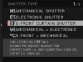 Menu aparatu: wybór migawki. Podświetlona opcja "EF-FRONT CURTAIN SHUTTER" - migawka elektroniczna z przednią kurtyną.