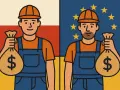 Dwóch pracowników w kombinezonach i kaskach trzyma worki z pieniędzmi na tle flag Polski i UE.