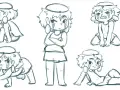 Croquis d'une jeune fille aux traits tribaux, explorant différentes poses pour trouver l'inspiration. Elle est tantôt accroupie, tantôt à quatre pattes, assise ou allongée, exprimant diverses émotions.