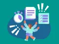 Persona con múltiples brazos, lista para optimizar el tiempo. Cronómetro, documentos y lista de tareas completadas sugieren eficiencia.