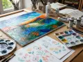 Un tableau de type peinture, aux couleurs vives et texturées, est posé sur un bureau d'artiste, entouré de palettes, de pinceaux et de carnets.
