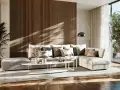 Przytulny salon w stylu japandi z dużą, wygodną kanapą, drewnianą ścianą i roślinami.