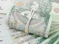 Zwijane banknoty 100 zł, symbolizujące ile procent dochodu na alimenty.