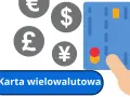 Dłoń trzyma kartę wielowalutową, a w tle symbole euro, dolara, funta i jena.