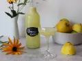 Erfrischendes Limoncello Eis, serviert in einem Glas, neben einer Flasche und frischen Zitronen. Ein gelber Sonnenhut blüht daneben.