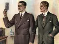Due uomini eleganti: uno con giacca monopetto, l'altro con doppiopetto, discutono di moda.