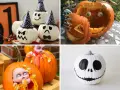 Calabazas decoradas manualidades: caras graciosas, un esqueleto sosteniendo una calabaza tallada, muñecas espeluznantes y Jack Skellington.